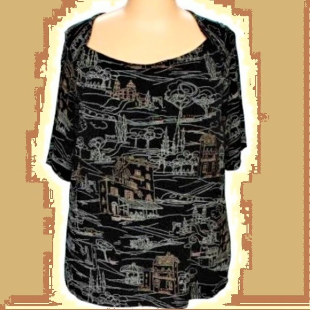 Black White Tan Sketched Town Scene Top